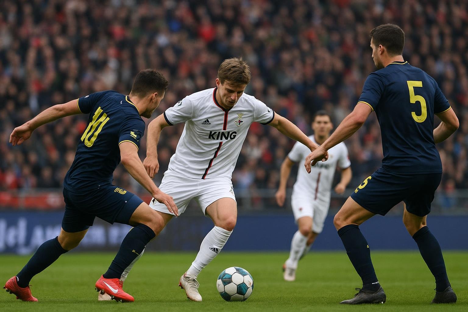 Spelmoment tijdens OH Leuven - Union op Den Dreef, met spelers in duel in een wedstrijd die op 0-0 eindigde.