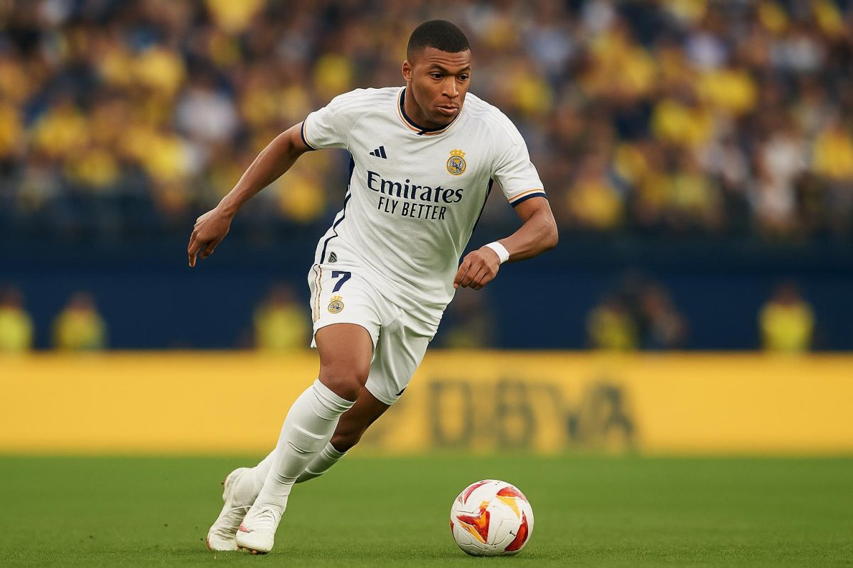 Kylian Mbappé viert een doelpunt voor Real Madrid tegen Villarreal