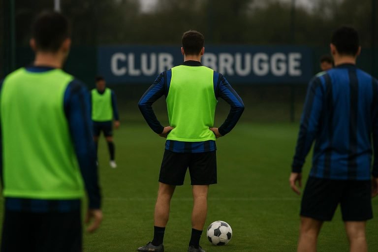 Training bij Club Brugge met spelers op de achtergrond, in aanloop naar het duel met Marseille