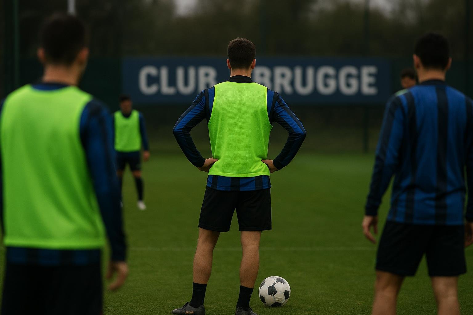Training bij Club Brugge met spelers op de achtergrond, in aanloop naar het duel met Marseille
