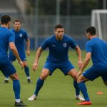 Training van KRC Genk met verdedigers op het oefenveld