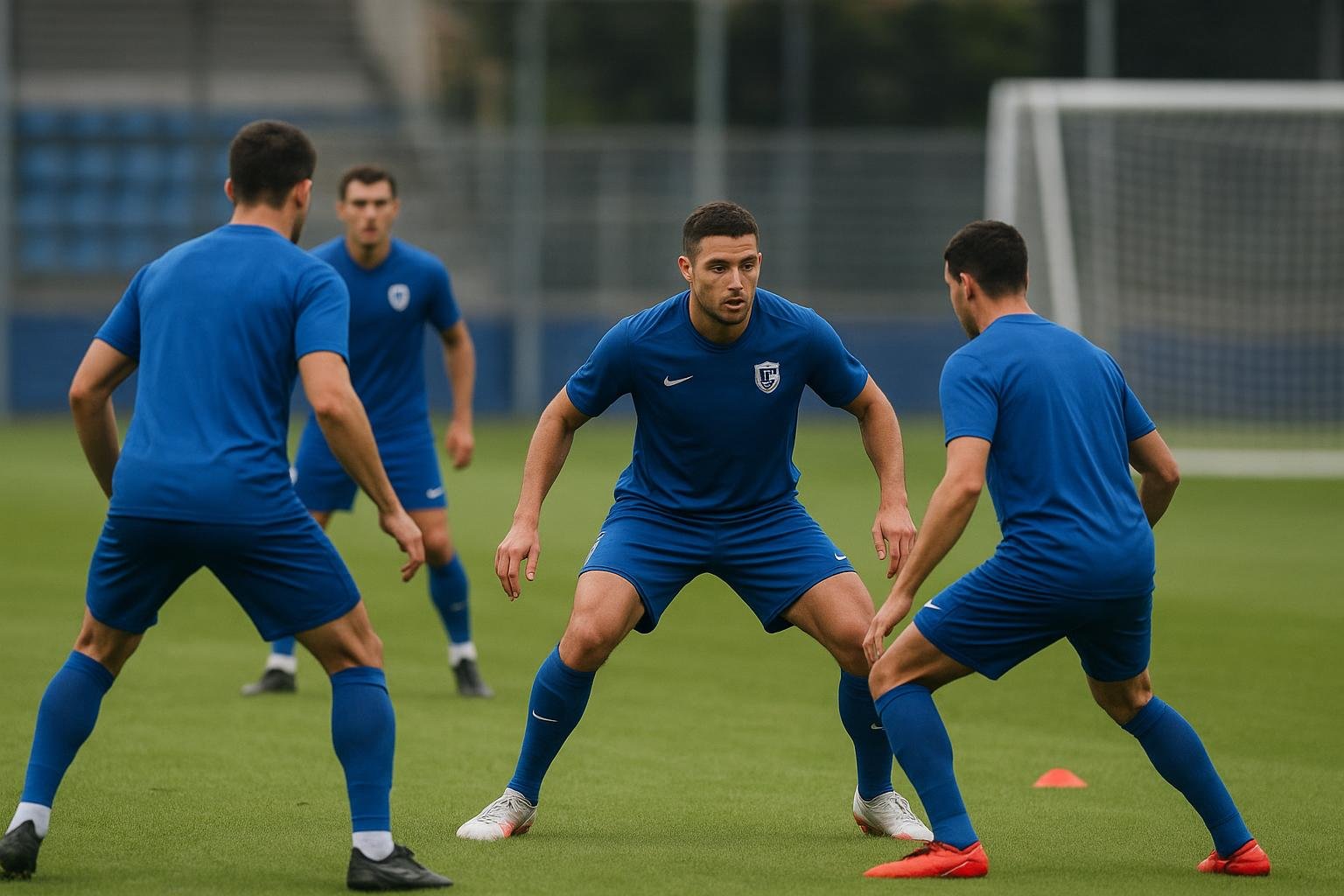 Training van KRC Genk met verdedigers op het oefenveld