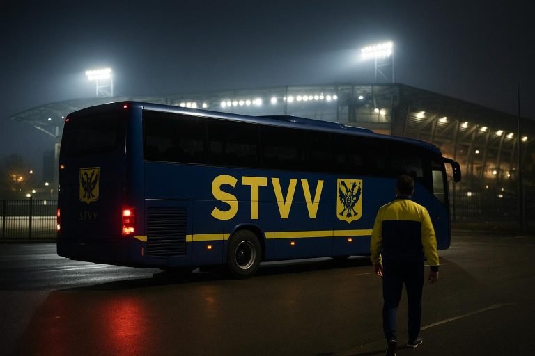 De spelersbus van STVV in de omgeving van het stadion van La Louvière.