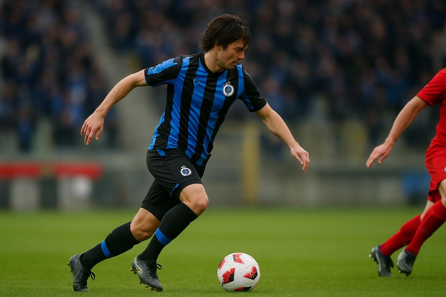 Actiebeeld in wedstrijdcontext met een speler van Club Brugge op het veld, zonder herkenbare gezichten.