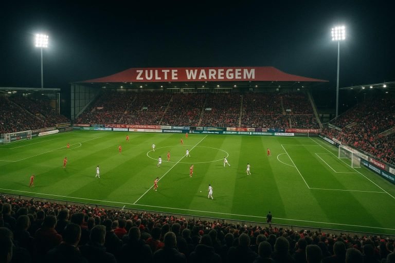 Overzicht van het stadion van Zulte Waregem in de avond