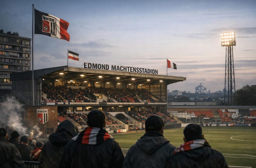 Sfeerbeeld van het Edmond Machtensstadion in Molenbeek, symbool van RWDM.