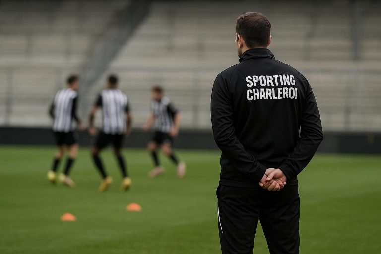 Een trainingsmoment bij Sporting Charleroi met de coach langs de zijlijn