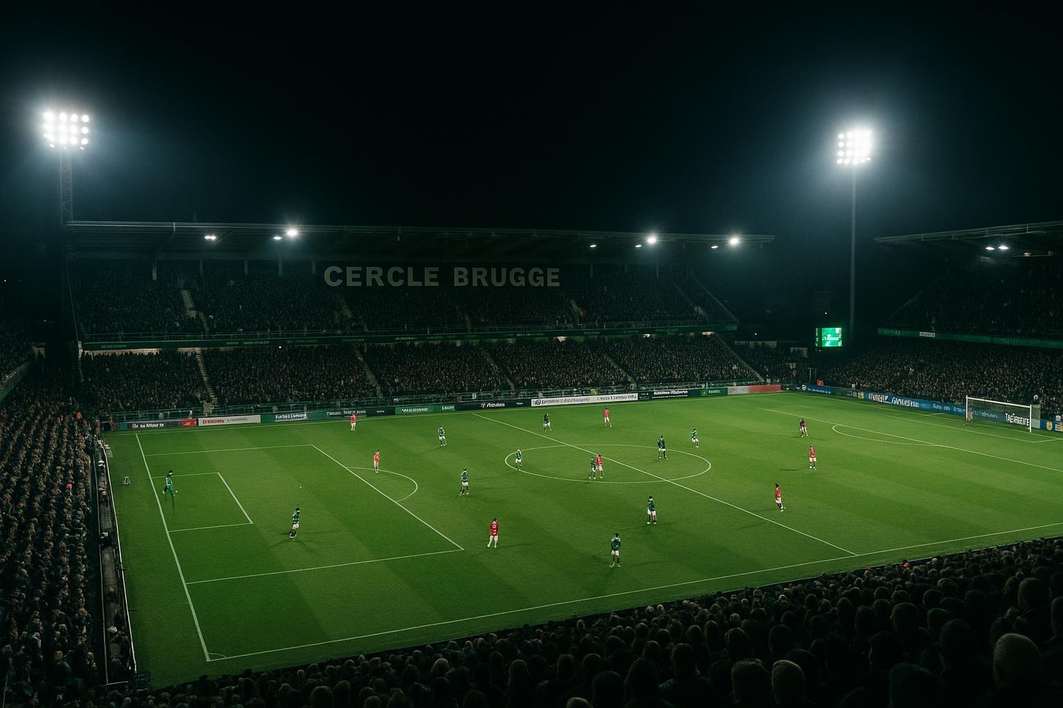 Overzicht van het stadion van Cercle Brugge tijdens een wedstrijd