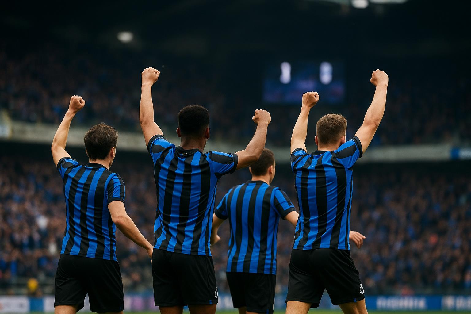 Spelers van Club Brugge vieren een doelpunt tijdens een wedstrijd in het stadion