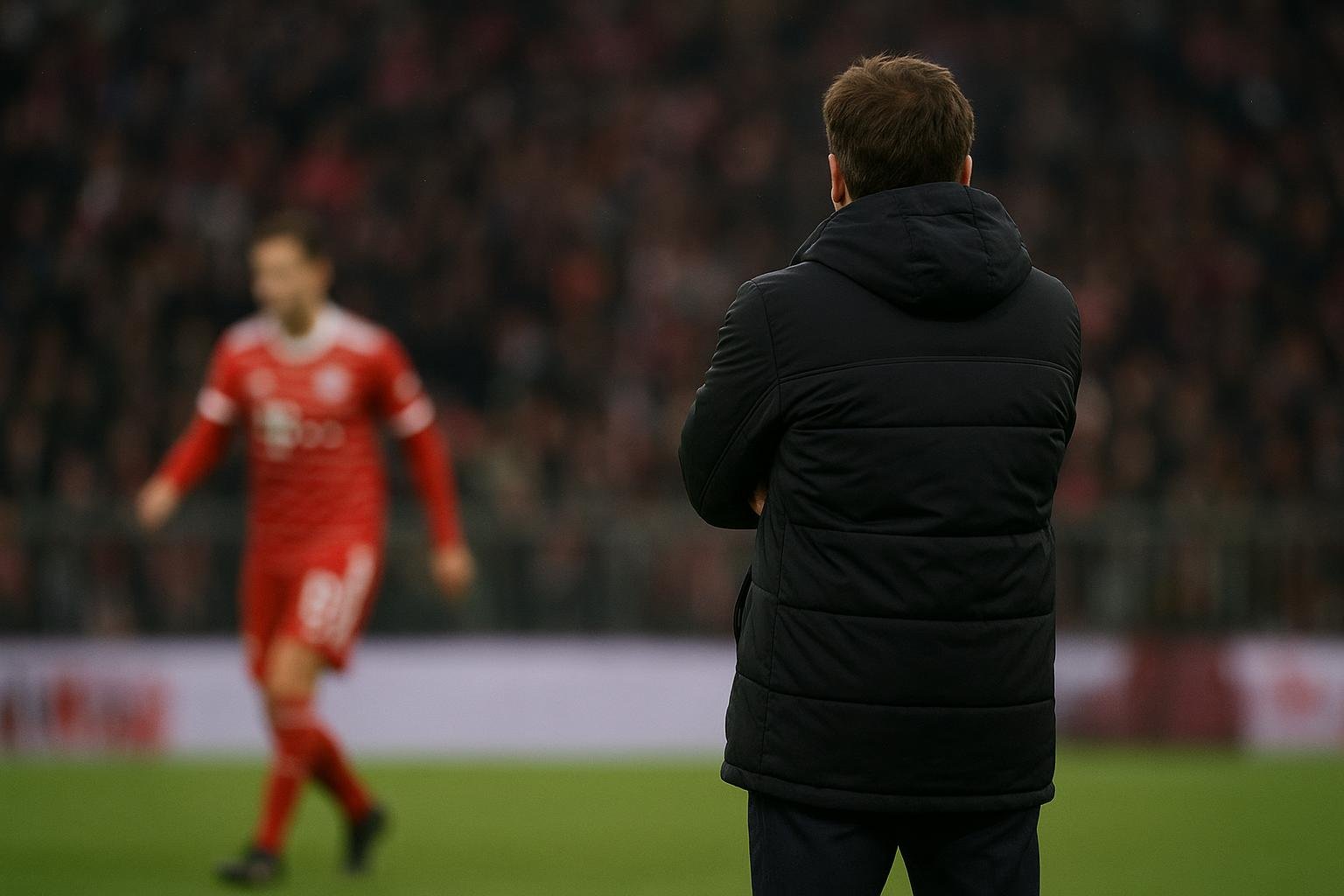 Vincent Kompany langs de zijlijn bij Bayern München tijdens een Bundesliga-wedstrijd