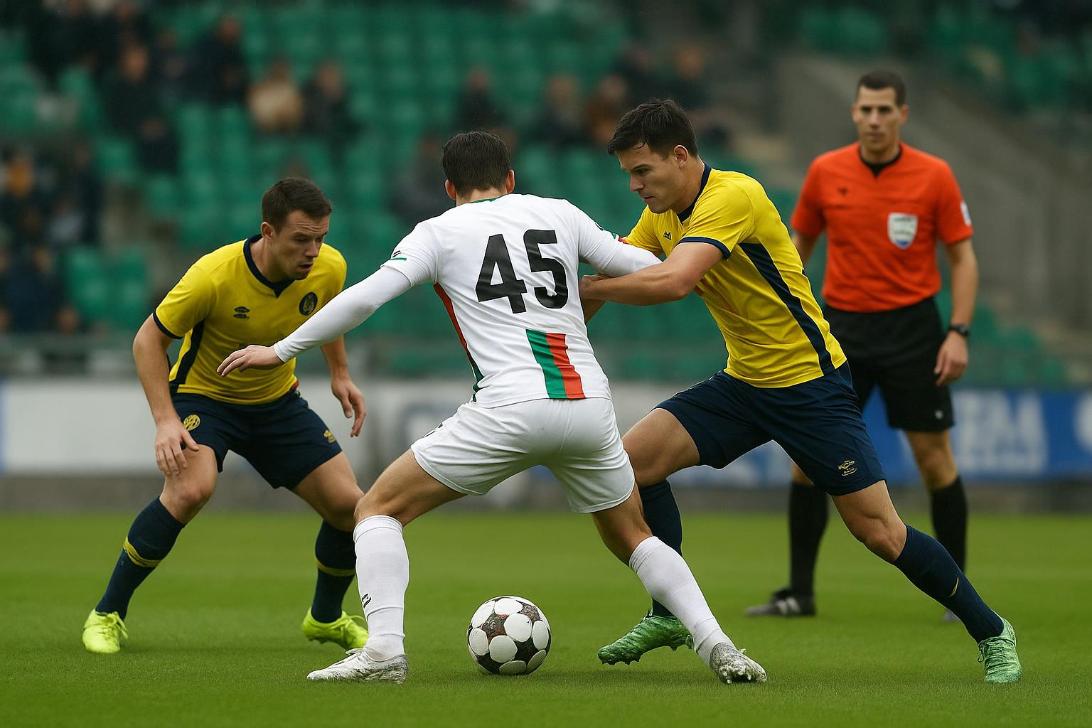Spelsituatie op Den Dreef tijdens OH Leuven tegen Union SG, met focus op een betwiste handsfase