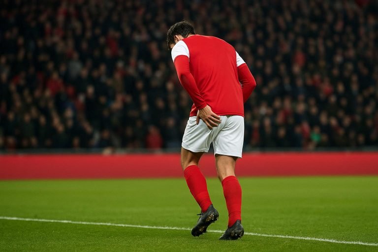 Een speler van Royal Antwerp FC verlaat het veld met hamstringklachten tijdens een wedstrijd.