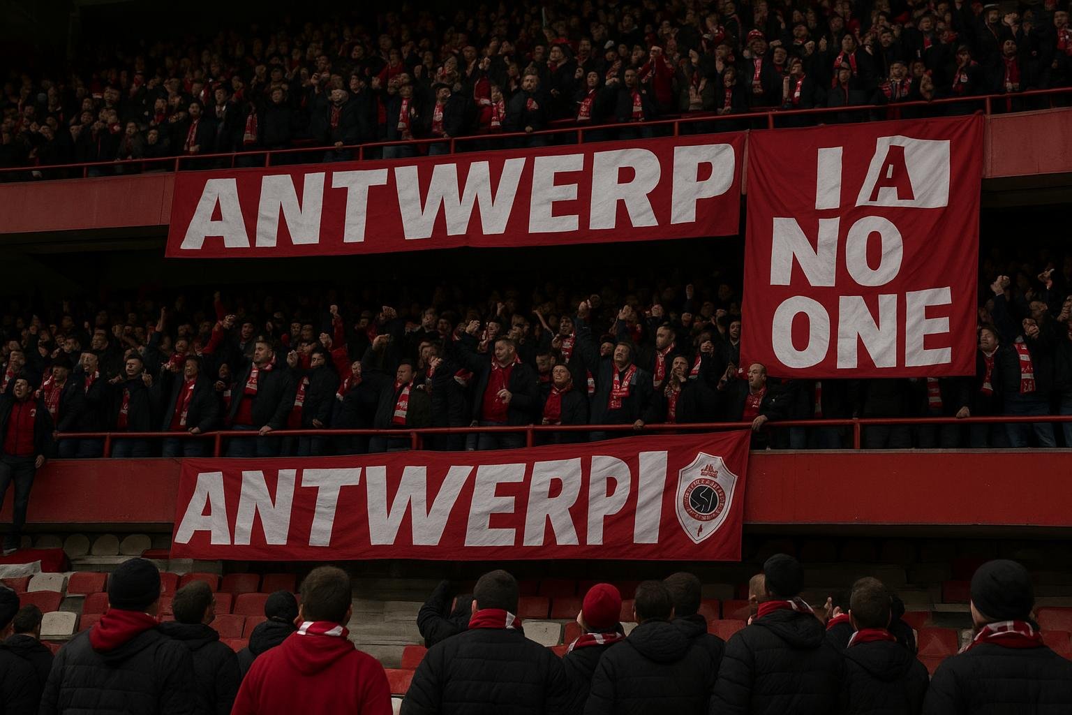 Supporters van Royal Antwerp FC met spandoeken tijdens een wedstrijd op de Bosuil