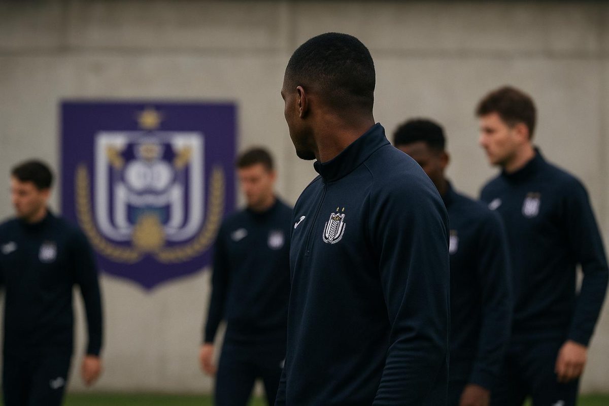 Sfeerbeeld van een training bij RSC Anderlecht met focus op een verdediger, zonder herkenbare gezichten