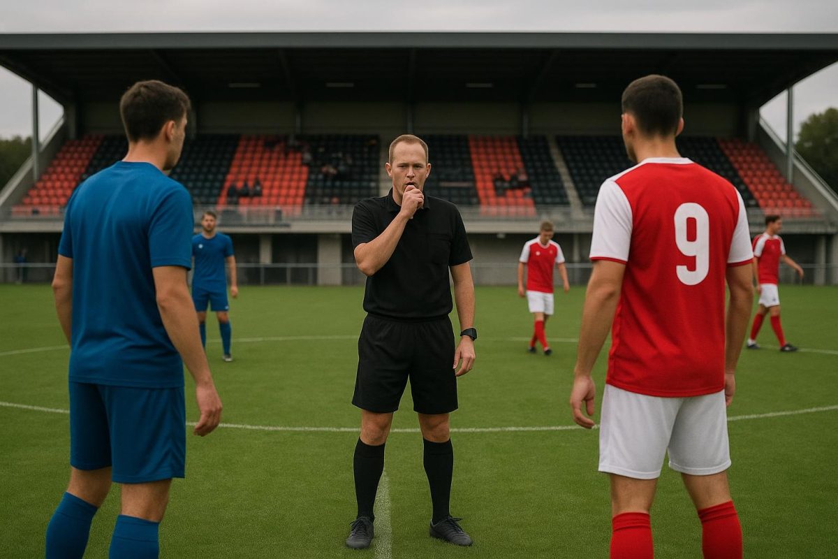Amateurmatch met scheidsrechter op het veld en spelers op afstand na een onderbreking