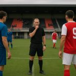 Amateurmatch met scheidsrechter op het veld en spelers op afstand na een onderbreking