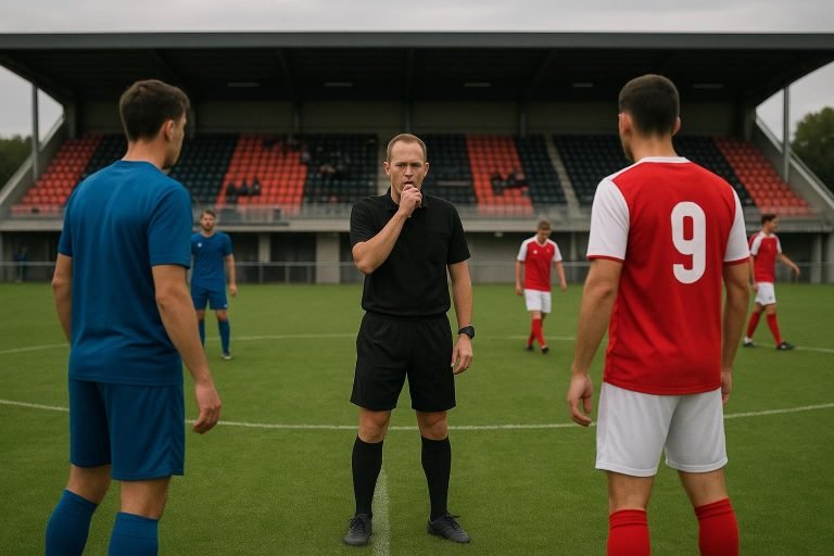 Amateurmatch met scheidsrechter op het veld en spelers op afstand na een onderbreking
