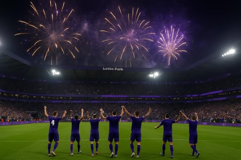 Sfeerbeeld in het Lotto Park met lichtshow en vuurwerk voor een match van RSC Anderlecht