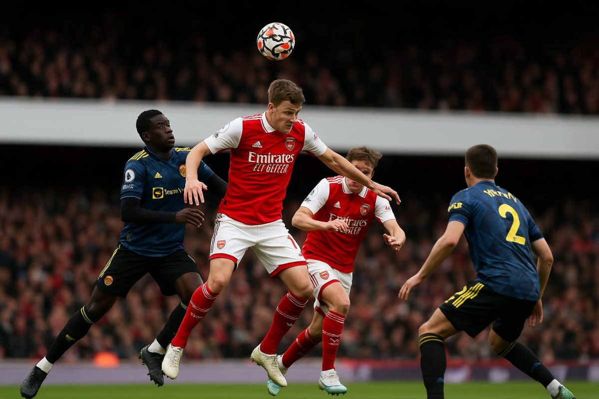 Spelmoment uit Arsenal tegen Manchester United in de Premier League, met spelers in duel om de bal