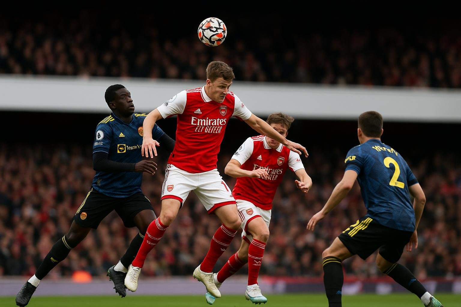 Spelmoment uit Arsenal tegen Manchester United in de Premier League, met spelers in duel om de bal
