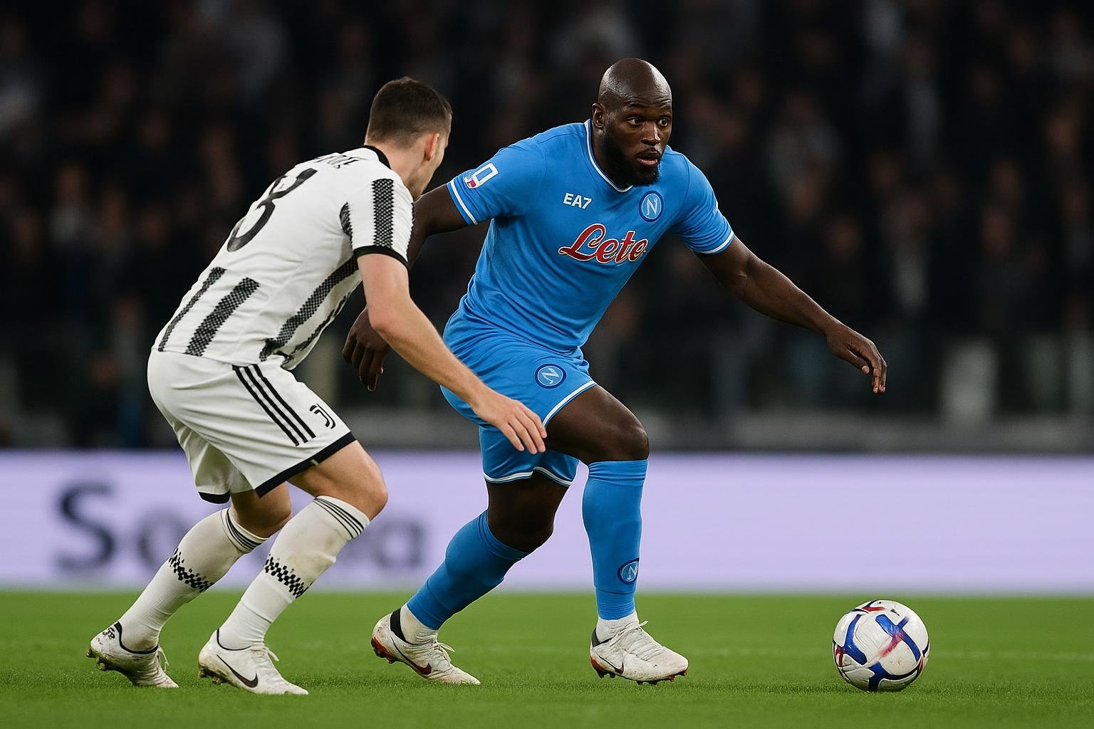 Spelmoment tijdens Juventus tegen SSC Napoli in Turijn, waar Napoli met 3-0 verloor op de avond van Lukaku's rentree.