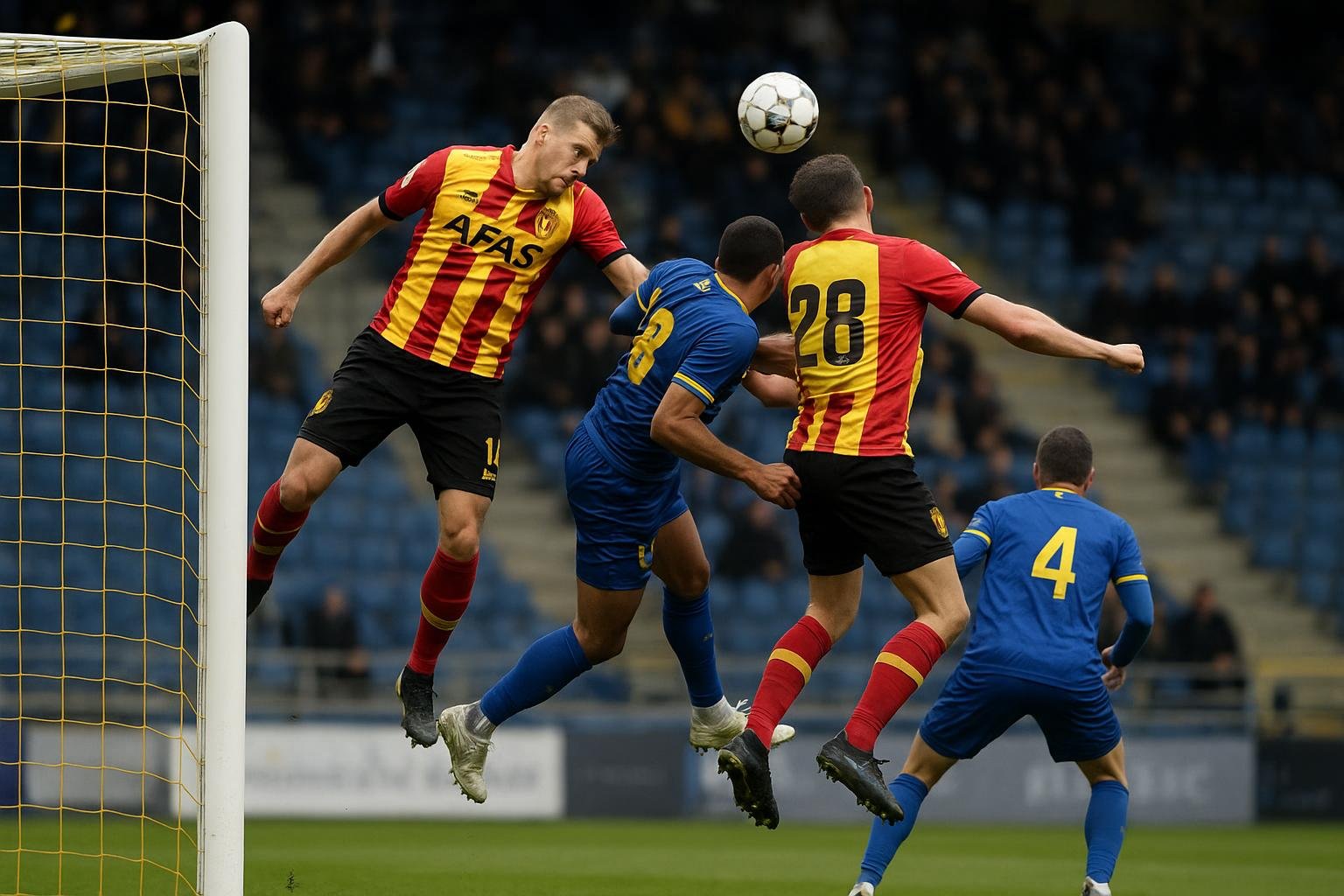 Spelsituatie bij KV Mechelen tegen Westerlo met spelers in duel in het strafschopgebied