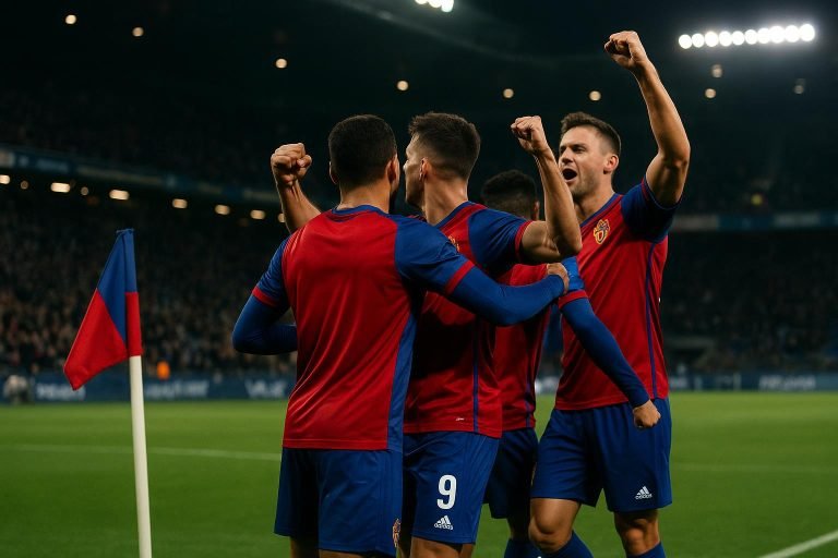 Spelers van FC Basel vieren een laat doelpunt in de uitmatch bij FC Zürich