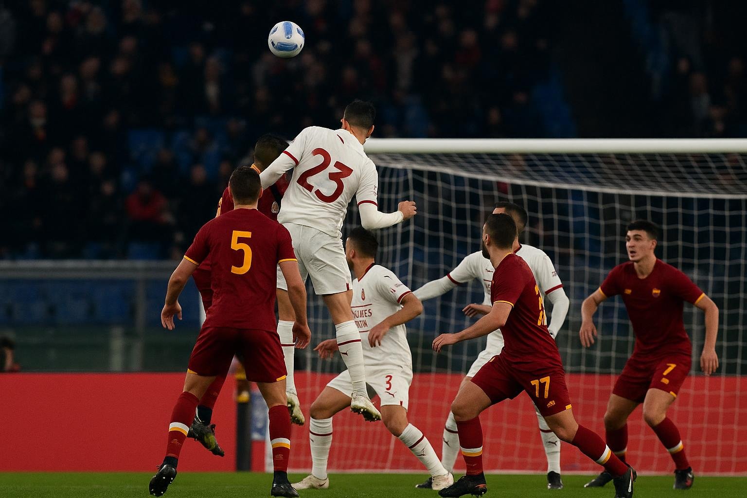 Actiebeeld uit AS Roma tegen AC Milan met duel in de zestien na een stilstaande fase