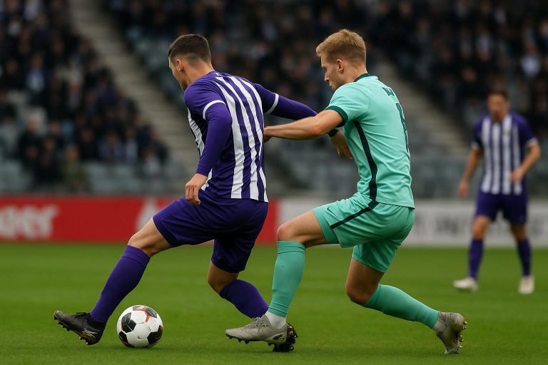 Wedstrijdbeeld in het Lotto Park tijdens Anderlecht tegen Dender, met een duel om de bal