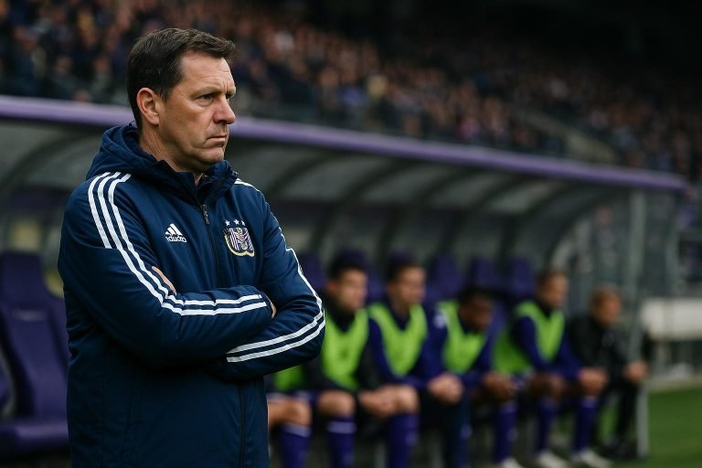 Besnik Hasi langs de zijlijn bij RSC Anderlecht tijdens een competitiewedstrijd