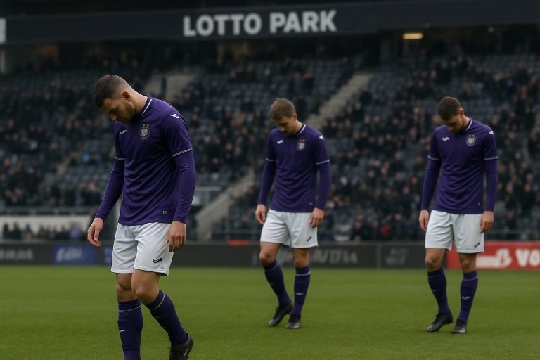 Spelers van RSC Anderlecht reageren teleurgesteld na de 0-0 tegen FCV Dender in Lotto Park.