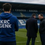 Sfeerbeeld in de Cegeka Arena bij KRC Genk, met focus op het veld zonder herkenbare gezichten