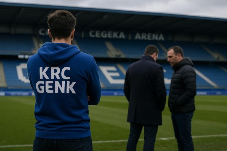 Sfeerbeeld in de Cegeka Arena bij KRC Genk, met focus op het veld zonder herkenbare gezichten