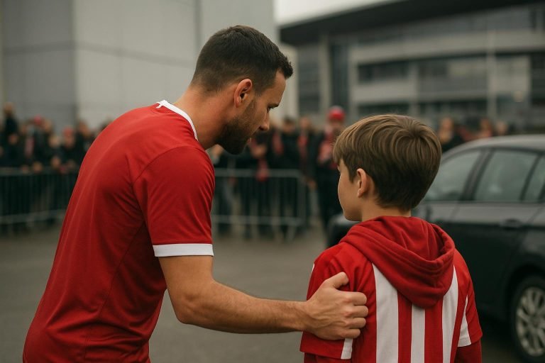 Vincent Janssen van Royal Antwerp FC spreekt na een wedstrijd kort met een jonge supporter buiten het stadion