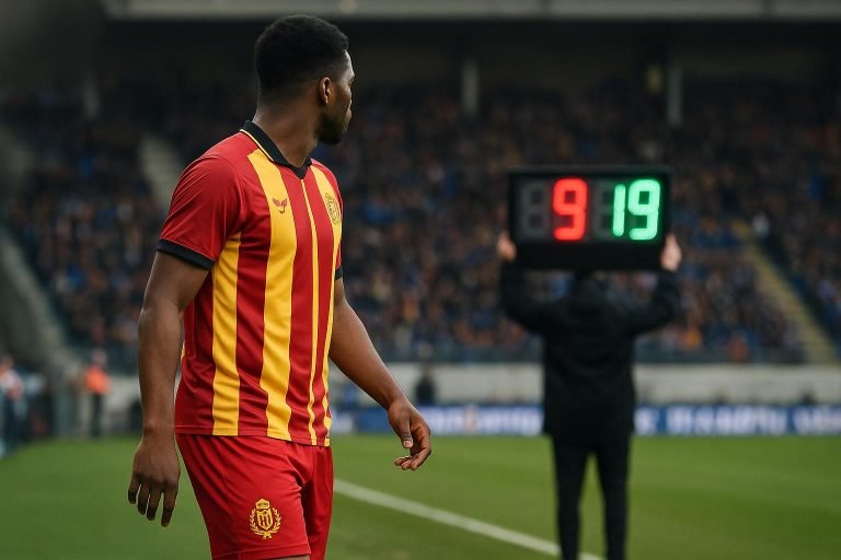 Lion Lauberbach in actie voor KV Mechelen tijdens een wedstrijd
