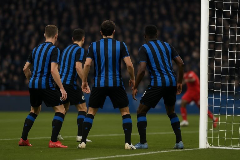 Spelers van Club Brugge in een verdedigend duel tijdens een wedstrijd in het Jan Breydelstadion.