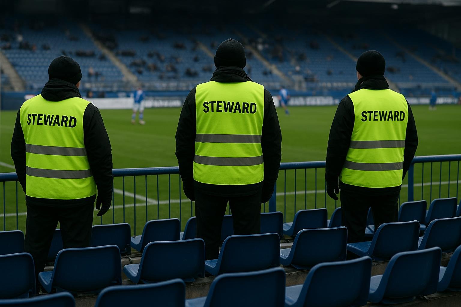 Sfeerbeeld in een stadion met tribune en stewards, zonder herkenbare gezichten