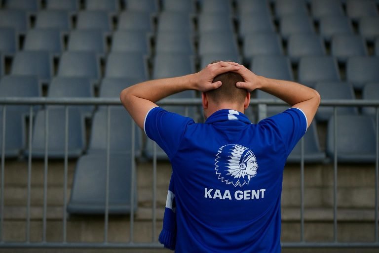 Supporters van KAA Gent in het stadion, gezien vanop afstand zonder herkenbare gezichten