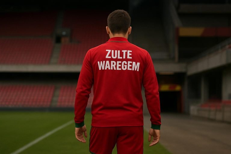 Sfeerbeeld van Zulte Waregem met spelers die een moment vieren