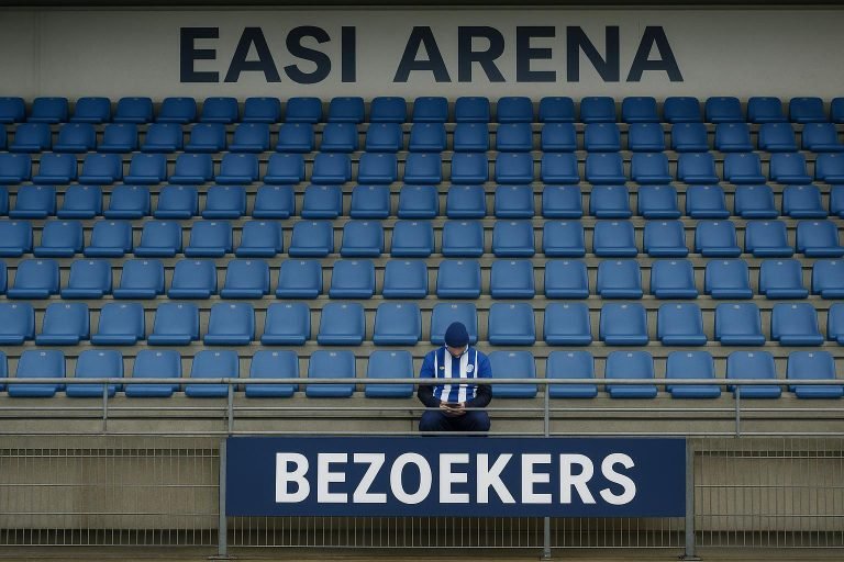 Leeg bezoekersvak in de EASI Arena tijdens een wedstrijdcontext