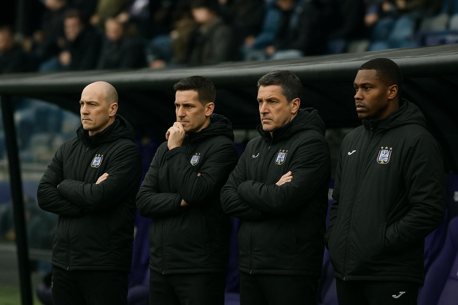 Sfeerbeeld van de Anderlecht-bank tijdens een wedstrijd, met focus op de technische staf zonder herkenbare gezichten.
