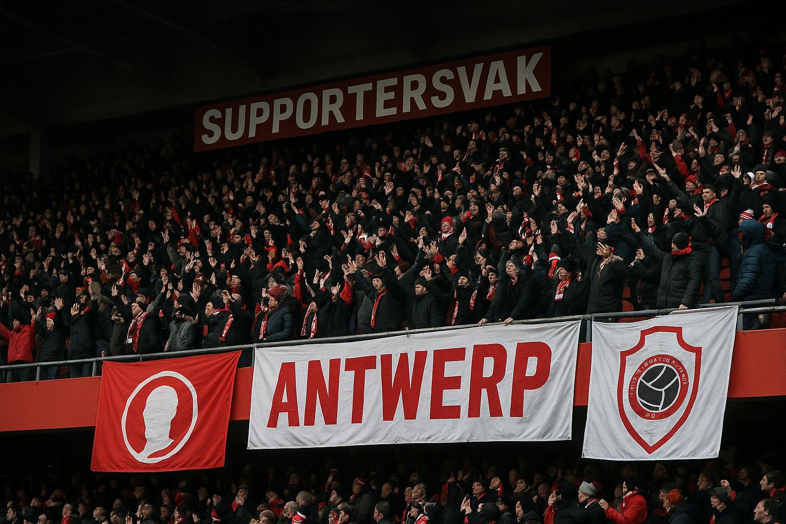 Supporters van Royal Antwerp FC met spandoeken op de Bosuil
