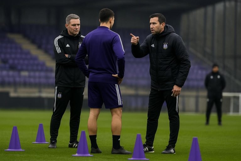 Sfeerbeeld rond RSC Anderlecht met een trainer en staf op het trainingsveld