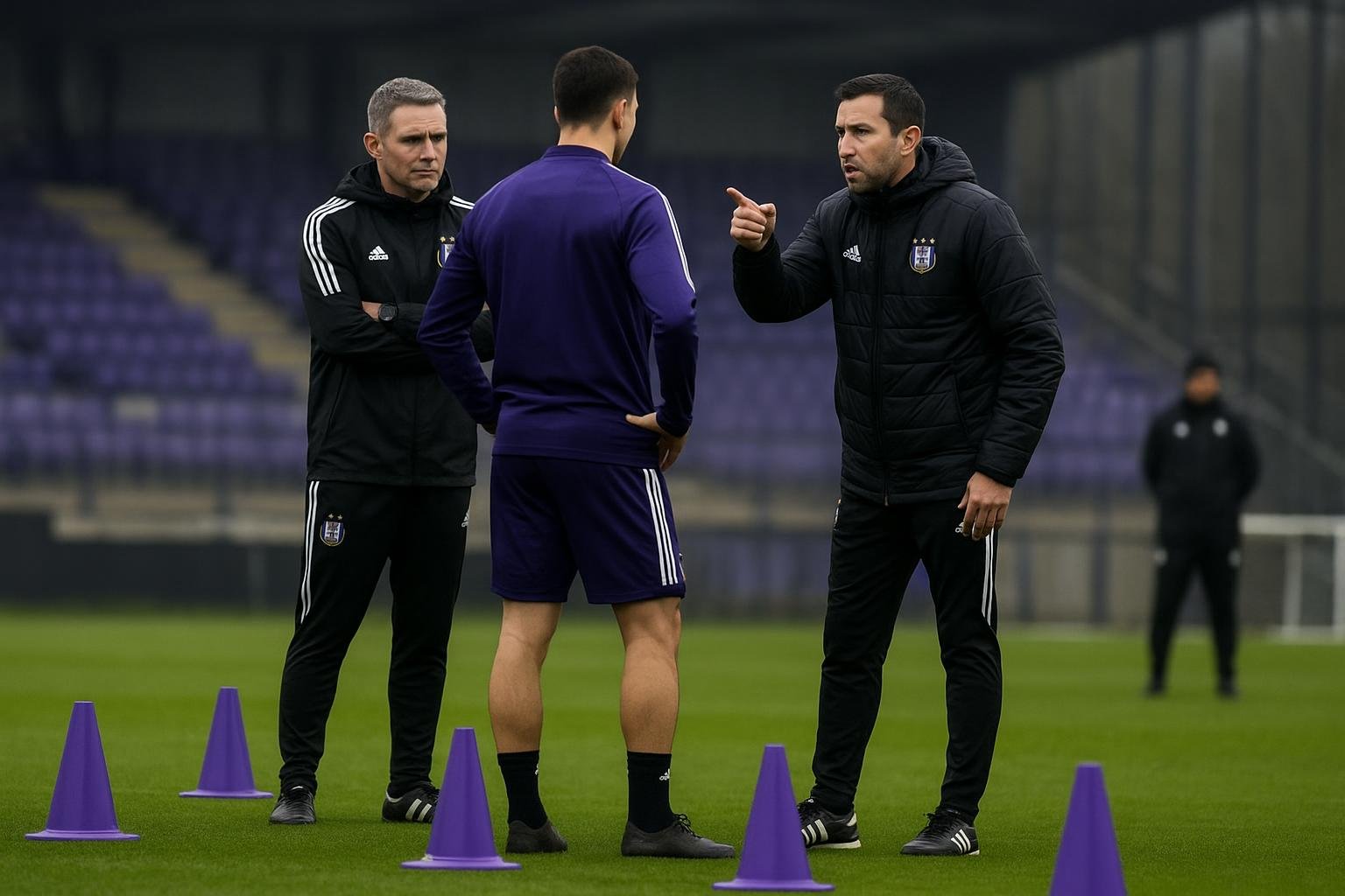 Sfeerbeeld rond RSC Anderlecht met een trainer en staf op het trainingsveld