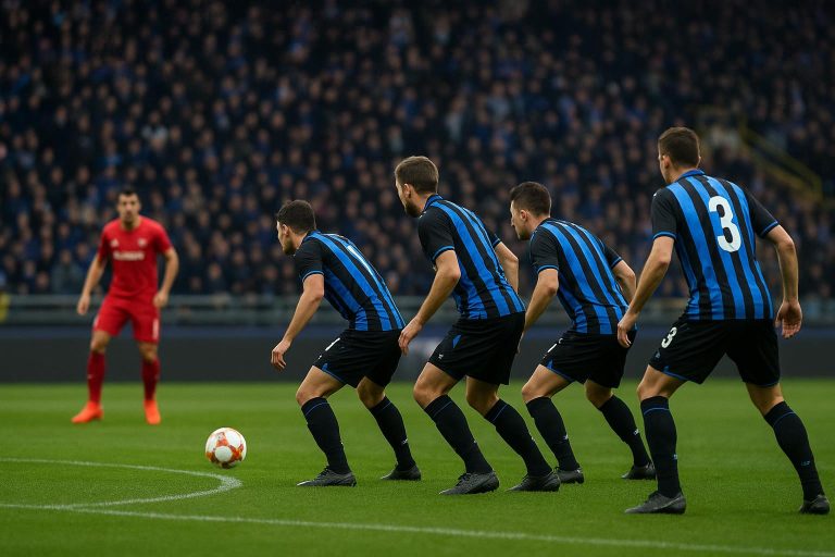 Actiemoment met de defensie van Club Brugge in het Jan Breydelstadion, met focus op organisatie achterin.