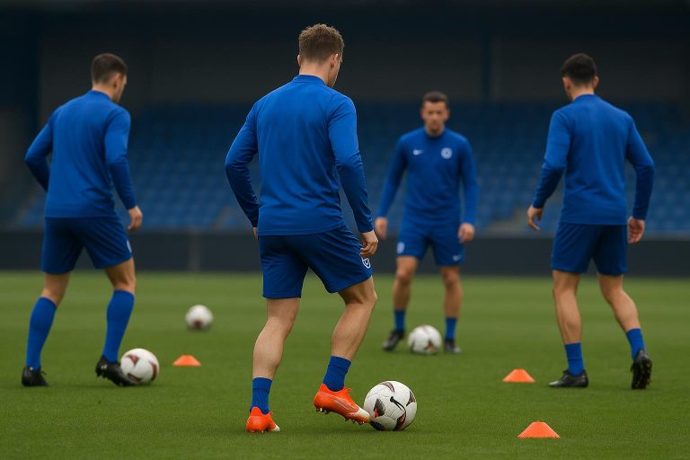 Training bij KRC Genk met spelers op de achtergrond, zonder herkenbare gezichten