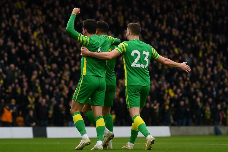 Spelers van Norwich City vieren een doelpunt in een wedstrijd in The Championship.
