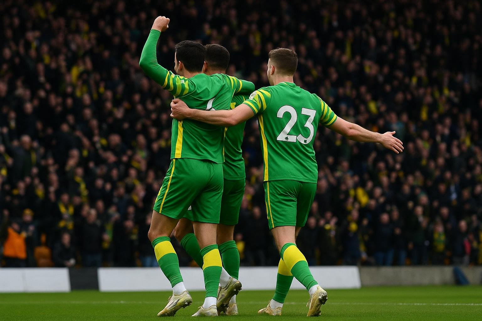 Spelers van Norwich City vieren een doelpunt in een wedstrijd in The Championship.