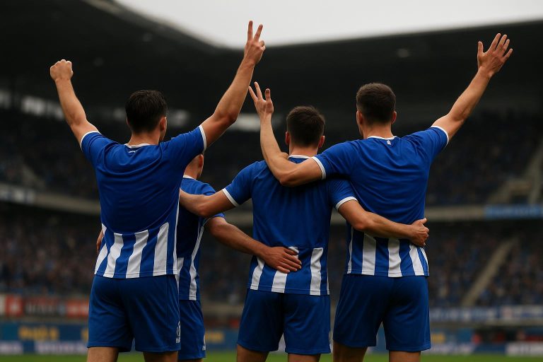 Spelers van KAA Gent vieren samen op het veld na een doelpunt