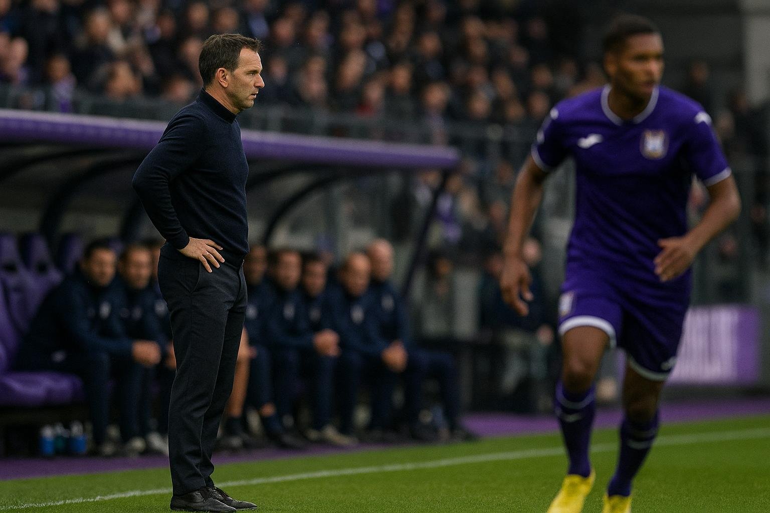 Spelmoment langs de zijlijn bij RSC Anderlecht met een gespannen sfeer, zonder herkenbare gezichten.